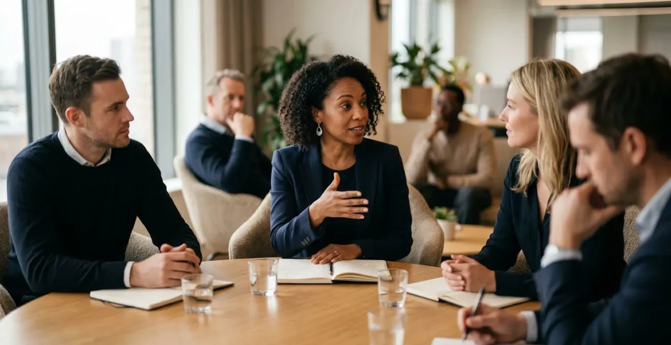 Cercle de dirigeants en échange authentique lors d'une session de codéveloppement