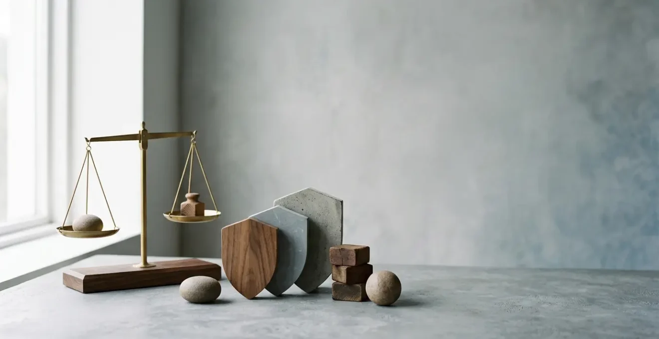 Composition symbolique représentant la protection juridique et la prise de décision stratégique pour un entrepreneur