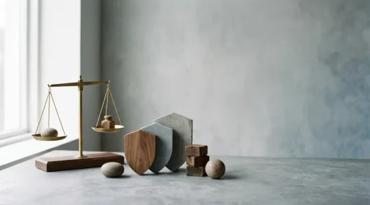 Composition symbolique représentant la protection juridique et la prise de décision stratégique pour un entrepreneur