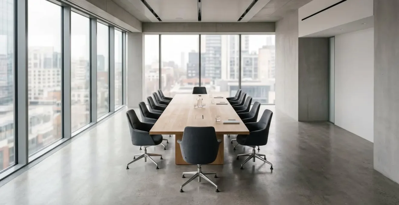 Vue grand angle d'une salle de réunion minimaliste avec chaises vides autour d'une table, lumière naturelle créant une atmosphère contemplative