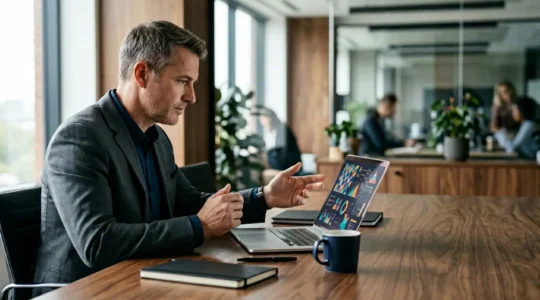 Responsable financier analysant les flux de trésorerie dans un environnement professionnel moderne