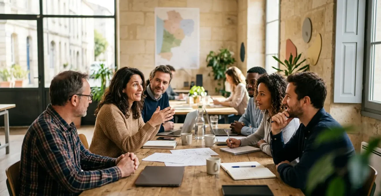 Réunion d'investisseurs locaux et entrepreneurs dans un espace collaboratif régional