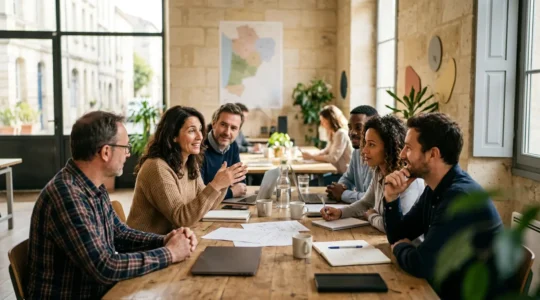 Réunion d'investisseurs locaux et entrepreneurs dans un espace collaboratif régional
