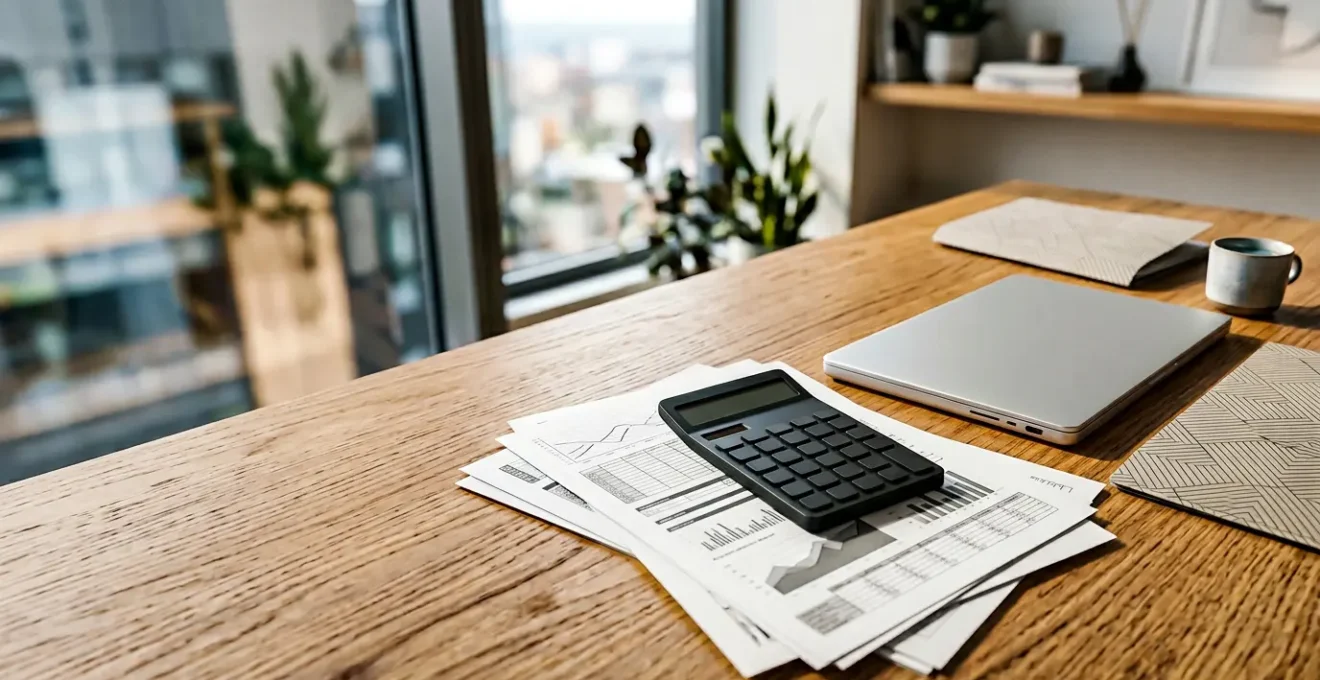 Espace de travail minimaliste d'entrepreneur freelance avec documents financiers et calculatrice