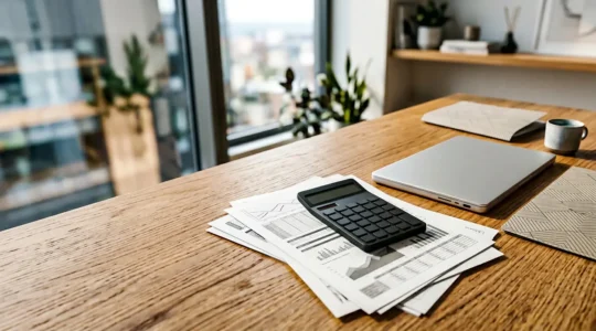 Espace de travail minimaliste d'entrepreneur freelance avec documents financiers et calculatrice