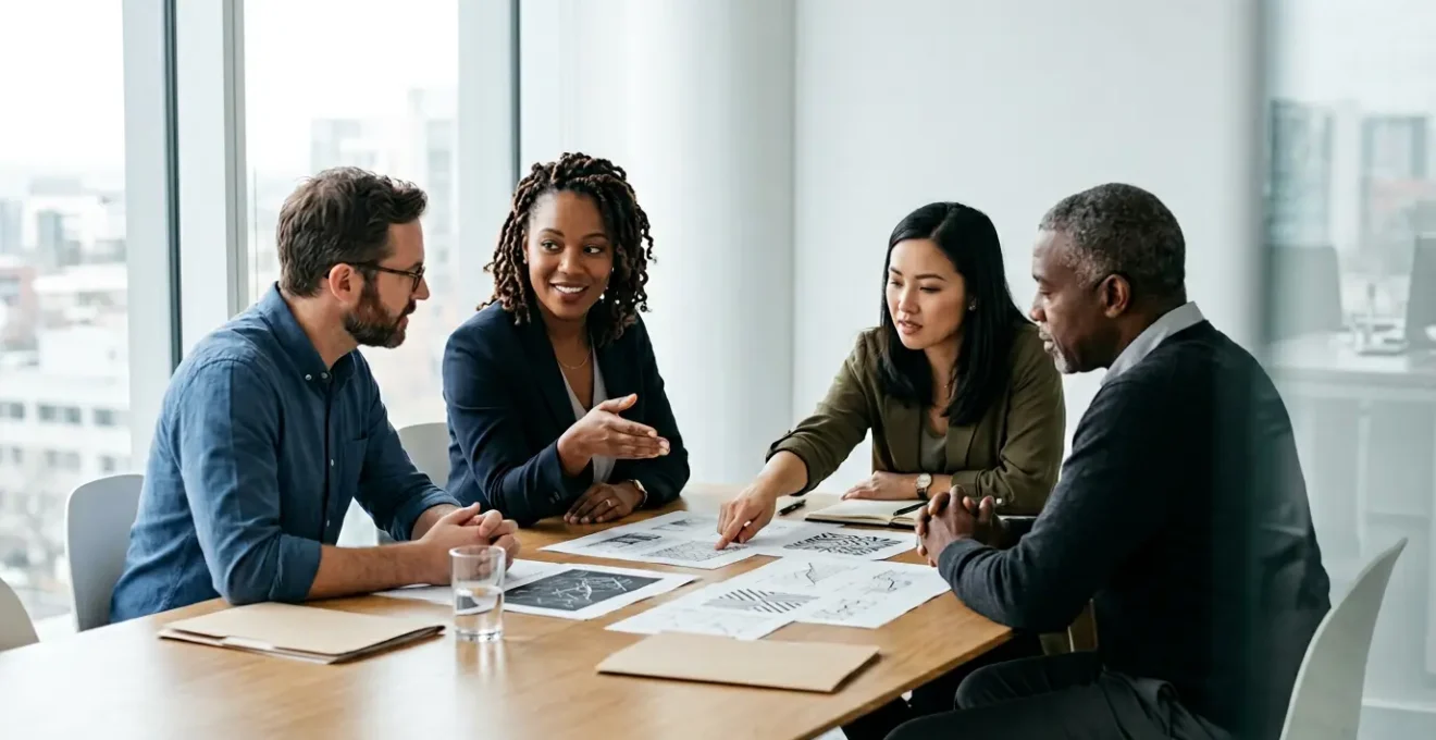 Réunion stratégique autour d'une table avec documents juridiques et discussion professionnelle sur la gouvernance d'entreprise