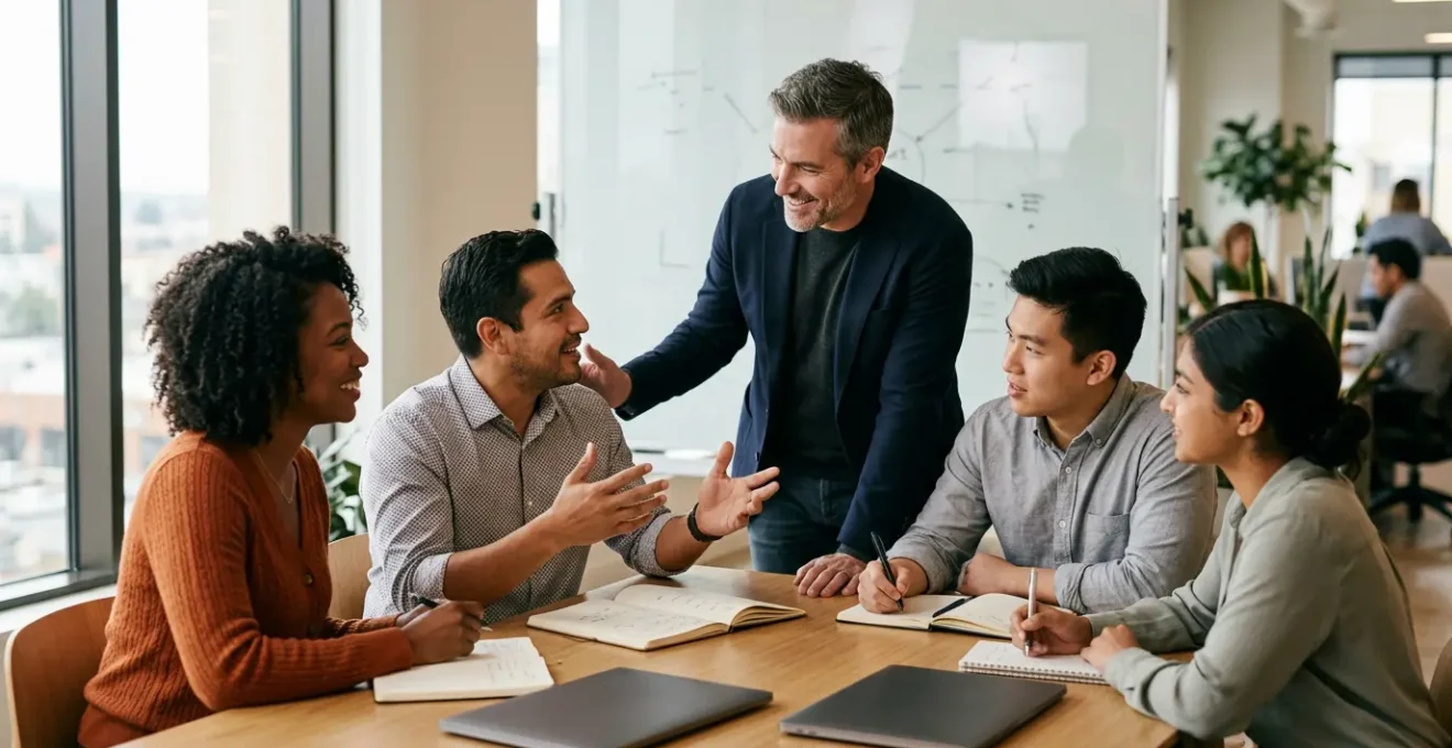 Scène représentant le leadership au service de l'équipe dans un environnement professionnel collaboratif