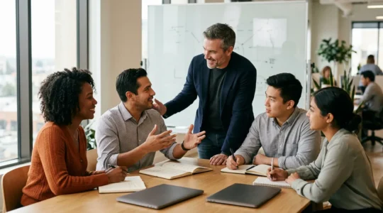 Scène représentant le leadership au service de l'équipe dans un environnement professionnel collaboratif