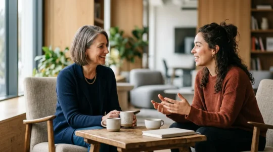 Rencontre entre mentor expérimenté et jeune entrepreneur dans un espace de travail moderne