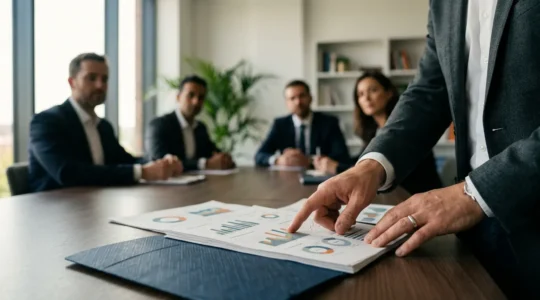 Scène professionnelle de réunion de présentation de business plan devant des investisseurs