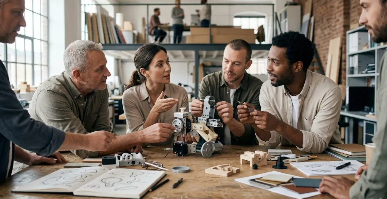 Scene metaphorique representant une PME en pleine transformation creative avec prototypes et innovation collaborative