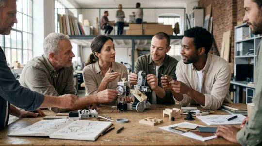 Scene metaphorique representant une PME en pleine transformation creative avec prototypes et innovation collaborative