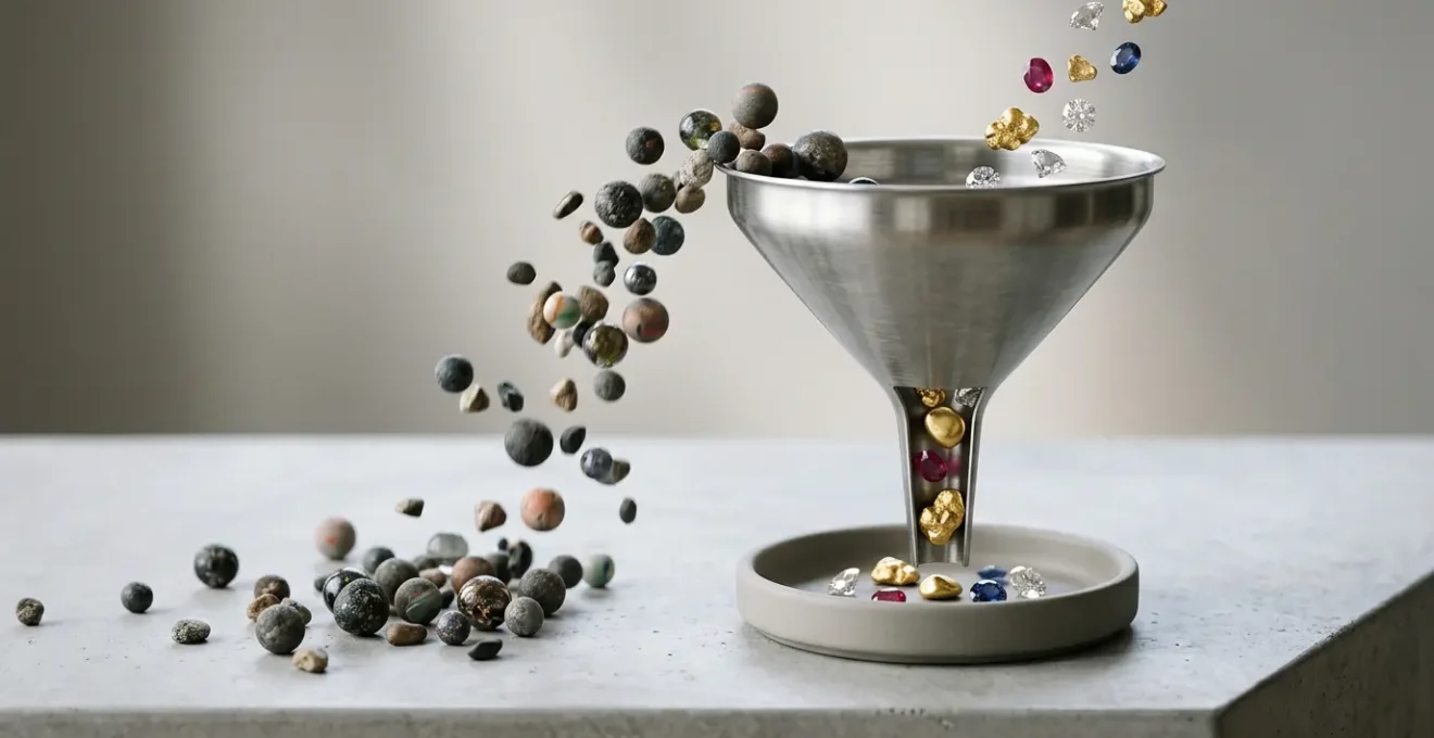 Concept métaphorique illustrant la qualité plutôt que la quantité en génération de leads avec un entonnoir de conversion épuré