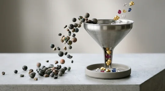 Concept métaphorique illustrant la qualité plutôt que la quantité en génération de leads avec un entonnoir de conversion épuré