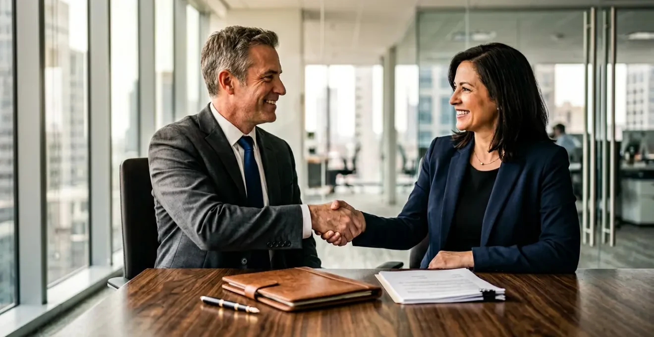 Poignée de main professionnelle lors d'une négociation stratégique d'acquisition entre dirigeants d'entreprise