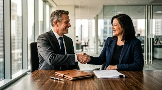 Poignée de main professionnelle lors d'une négociation stratégique d'acquisition entre dirigeants d'entreprise