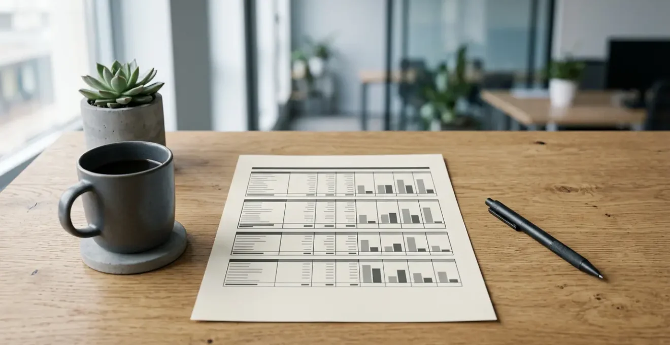 Vue d'ensemble d'un espace de travail professionnel minimaliste avec des documents financiers organisés sur une seule page