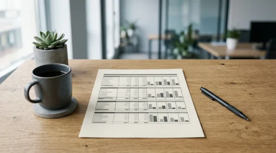 Vue d'ensemble d'un espace de travail professionnel minimaliste avec des documents financiers organisés sur une seule page