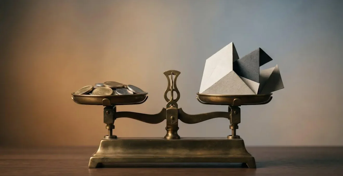 Analyse de décision financière pour le paiement des fournisseurs, symbolisée par une balance comparant des pièces (paiement immédiat) et du papier (valeur du temps).