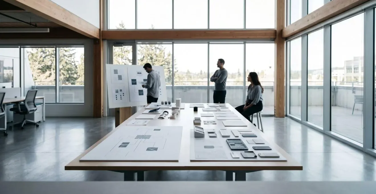 Vue environnementale minimaliste d'un espace de travail strategique avec schemas et prototypes decomposés