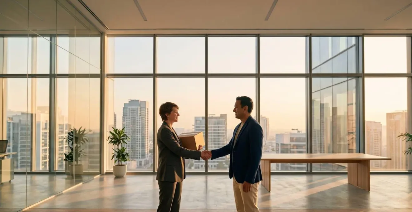 Atmosphere chaleureuse illustrant une separation professionnelle bienveillante entre manager et collaborateur