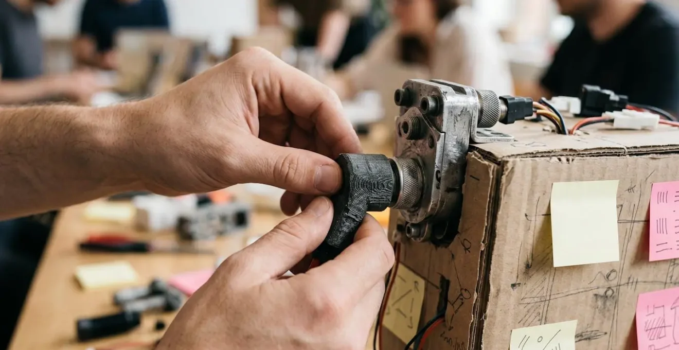 Gros plan sur des mains manipulant des composants physiques de prototypage dans un espace de travail collaboratif