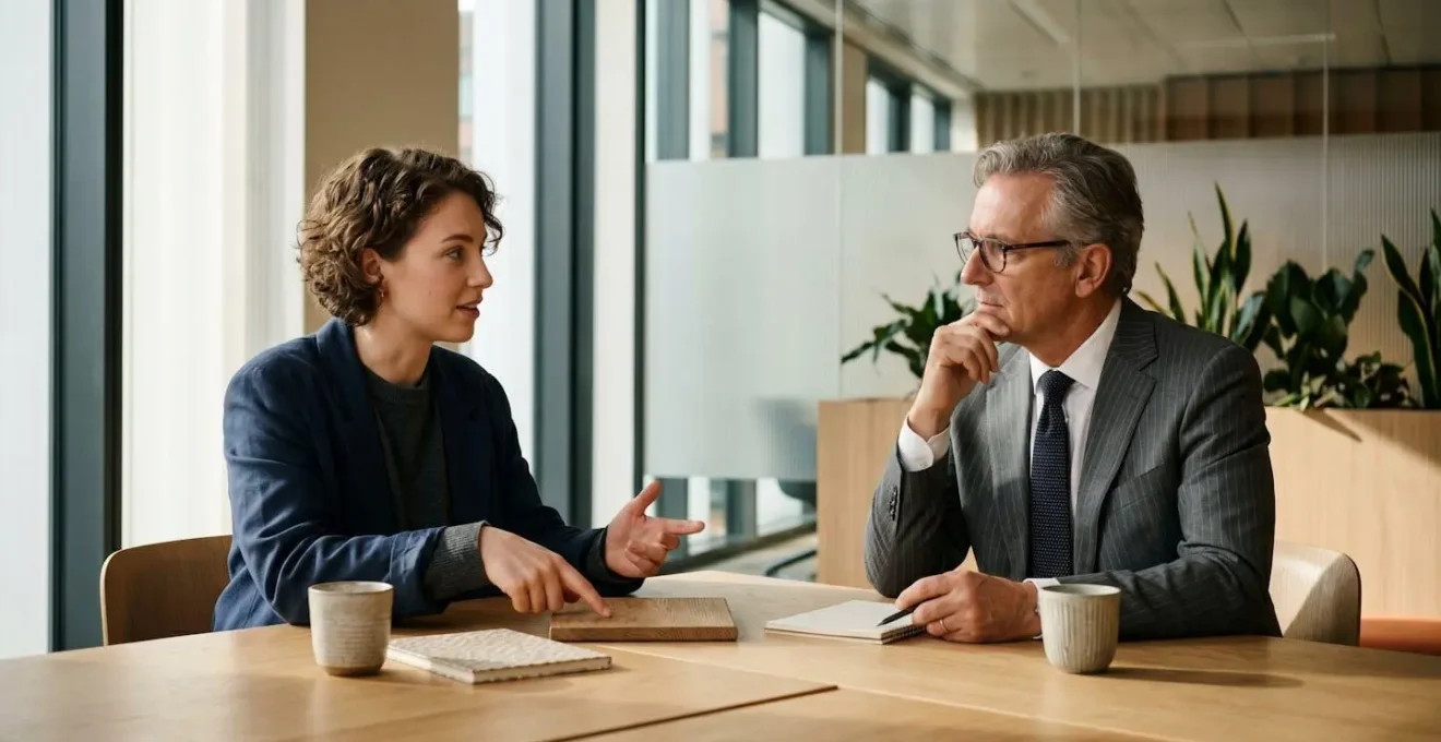 Session de reverse mentoring entre un jeune professionnel et un cadre expérimenté autour d'une table de travail