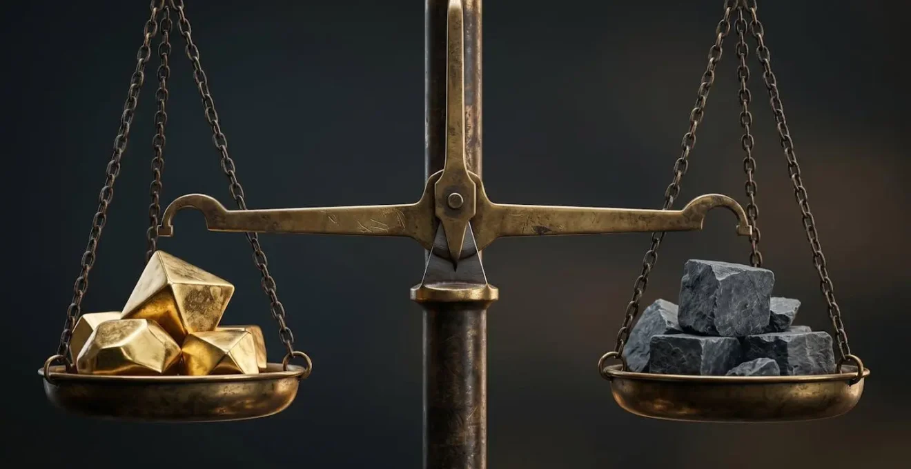 Balance symbolique représentant l'équilibre entre valeur et risque dans une transaction d'acquisition