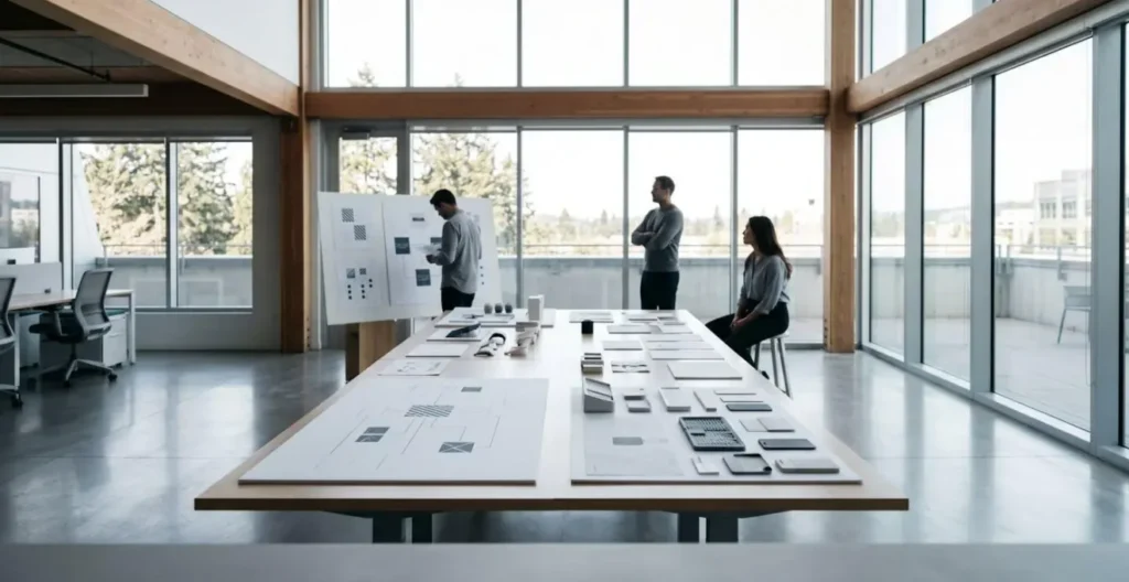 Vue environnementale minimaliste d'un espace de travail strategique avec schemas et prototypes decomposés Vue environnementale minimaliste d'un espace de travail strategique avec schemas et prototypes decomposés
